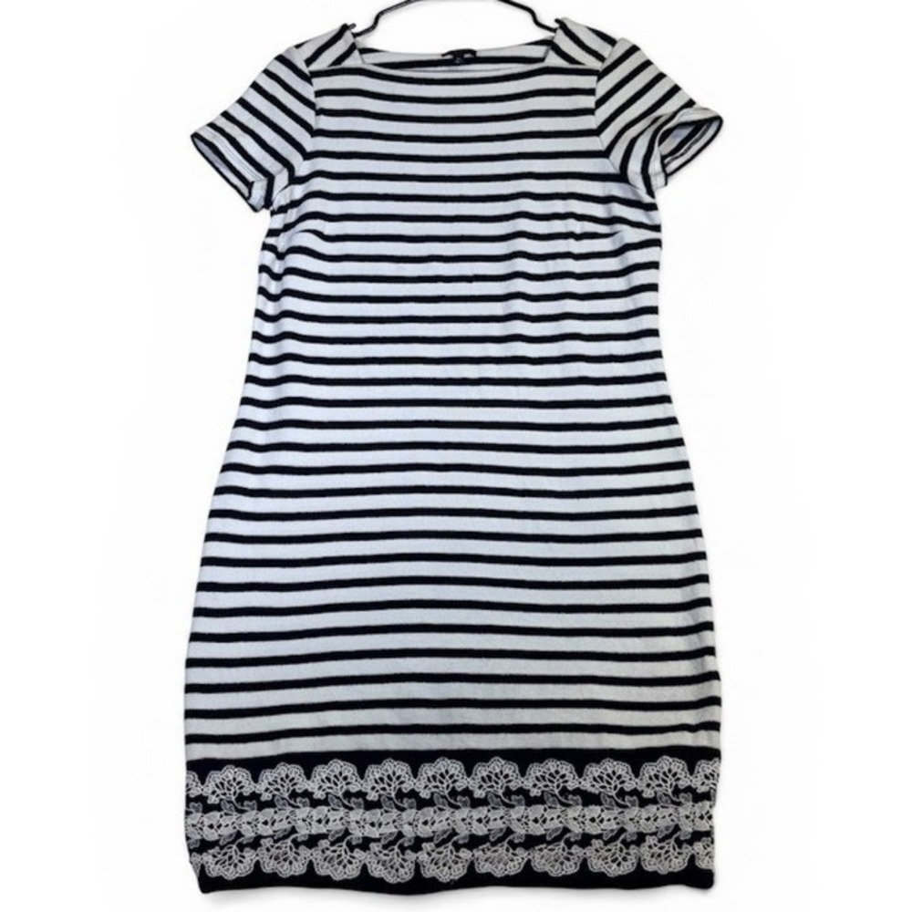 Talbots Petites‎ Dress Medium Navy White Striped Lace Hem Sheath Short Sleeve